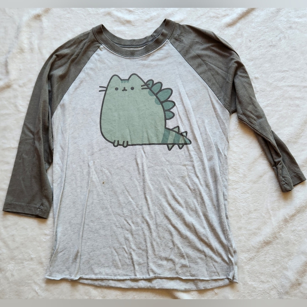 Pusheen Gray and Green Long Sleeve Tee with Playful Dino Graphic